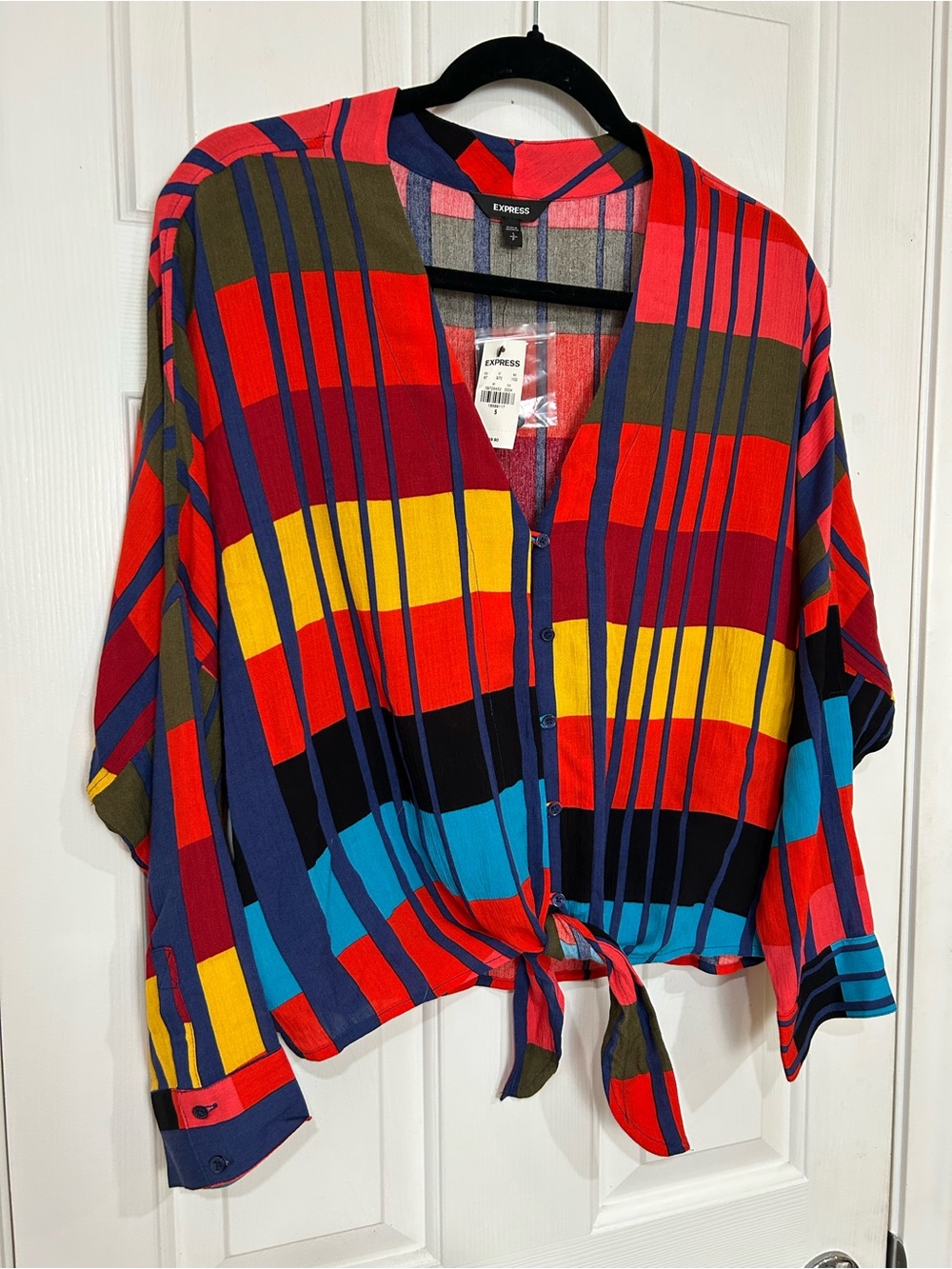 Express Multi-Color Plaid Tie-Front Long Sleeve Blouse Sz Small (NWT)